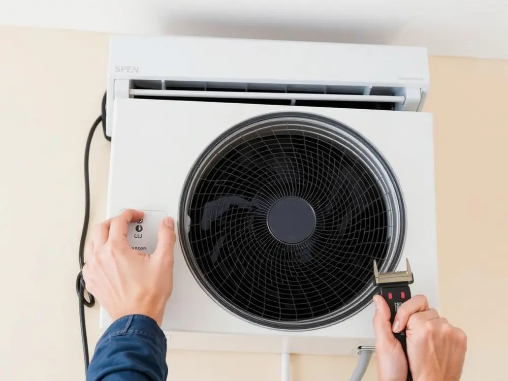 Certified HVAC technician explaining AC repair diagnosis and fixed pricing to a homeowner in Dubai