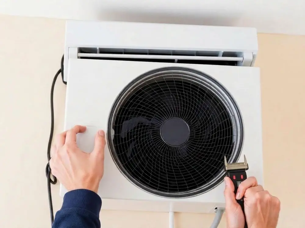Certified HVAC technician explaining AC repair diagnosis and fixed pricing to a homeowner in Dubai