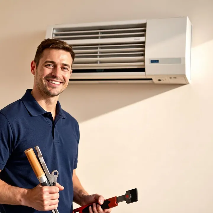 DEWA-approved AC repair technician servicing a split AC unit in Dubai
